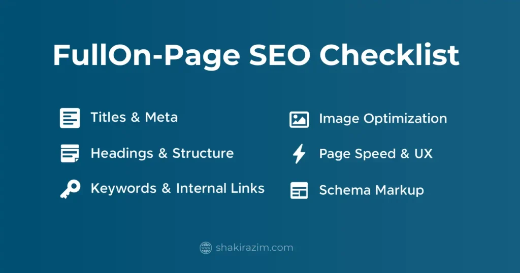 On-Page SEO Checklist 2025 infographic with titles, headings, keywords, internal links, images, UX, and schema.