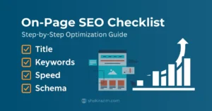 On-Page SEO checklist infographic highlighting title, keywords, speed, and schema.