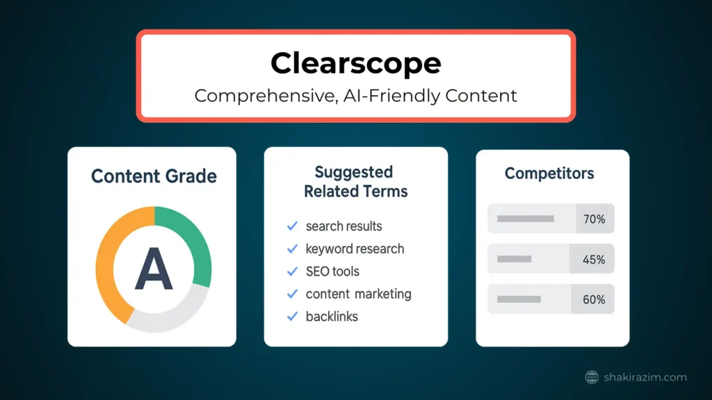 Clearscope SEO tool showing content grade and semantic keyword coverage