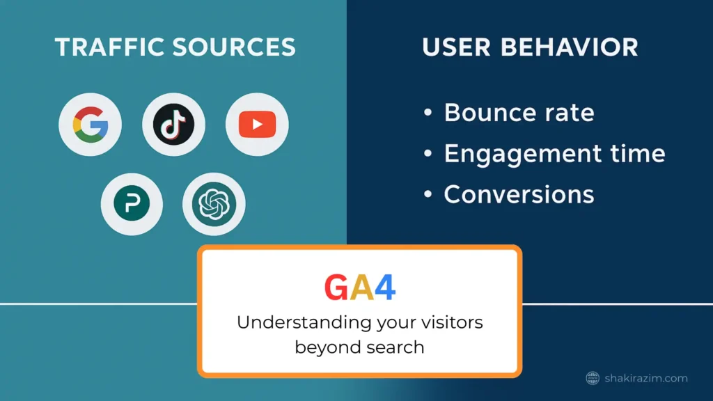 Analytics 4 dashboard showing SEO traffic sources and conversions