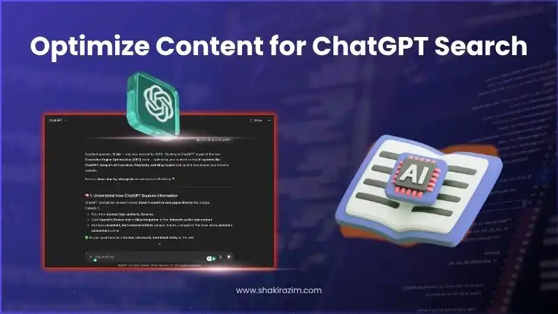 ChatGPT search interface showing content optimization strategies including structured format, recency signals, and authority markers