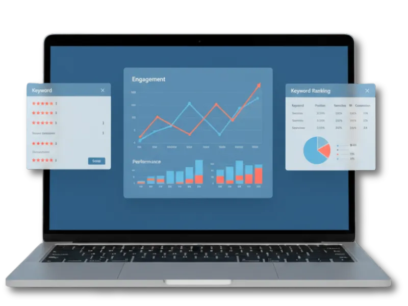 Professional SEO services analytics displayed on laptop showing keyword rankings and traffic growth metrics.