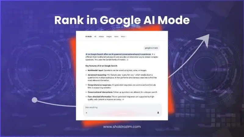 Google AI Mode search interface showing AI-powered conversational search experience with key ranking features