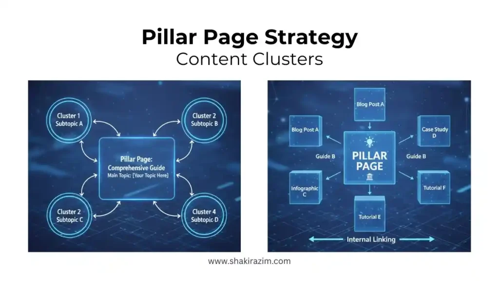 Diagram of SEO content clusters showing a pillar page linking to subtopic articles