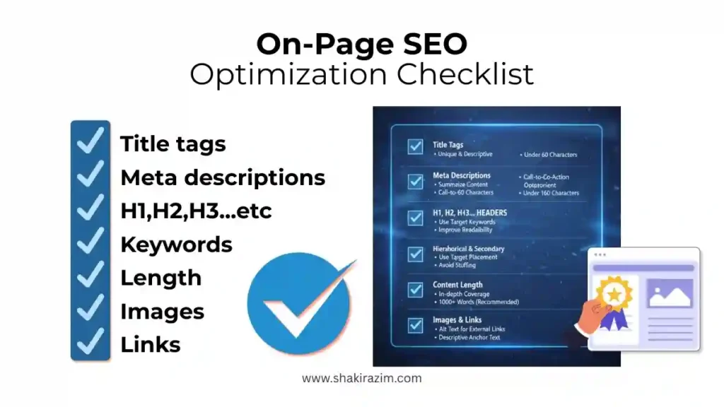 On-page SEO checklist showing title tags, meta descriptions, headers, keywords, and content length requirements