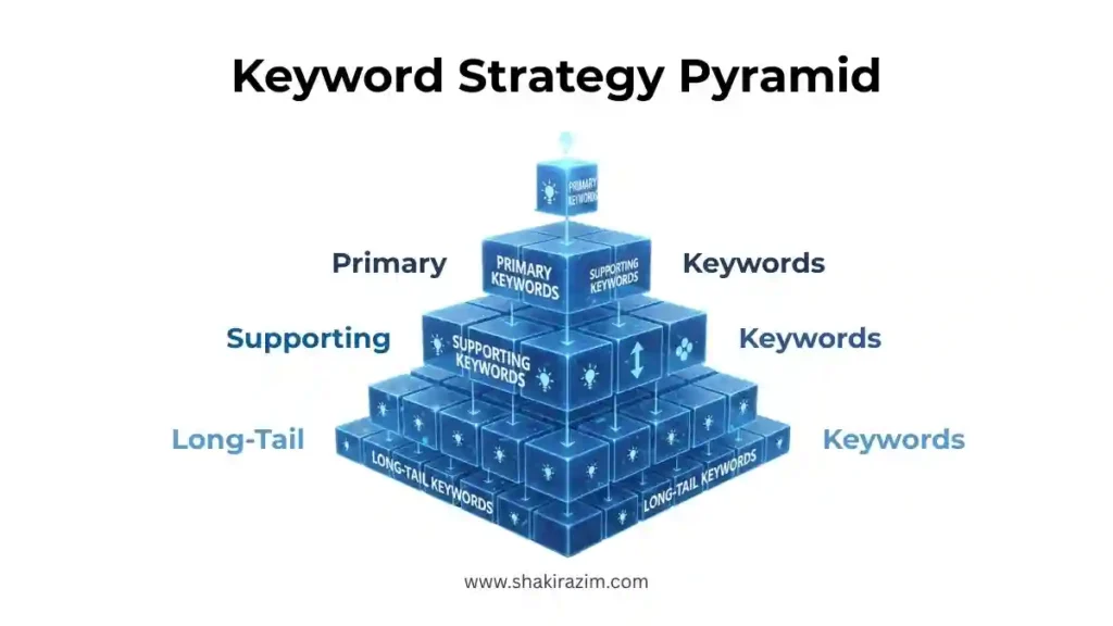 SEO keyword strategy pyramid showing primary, supporting, and long-tail keyword hierarchy