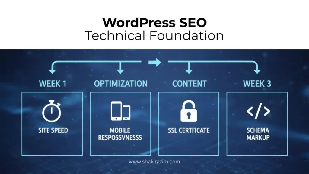 WordPress technical SEO roadmap showing site speed, mobile responsiveness, SSL certificate, and schema markup steps