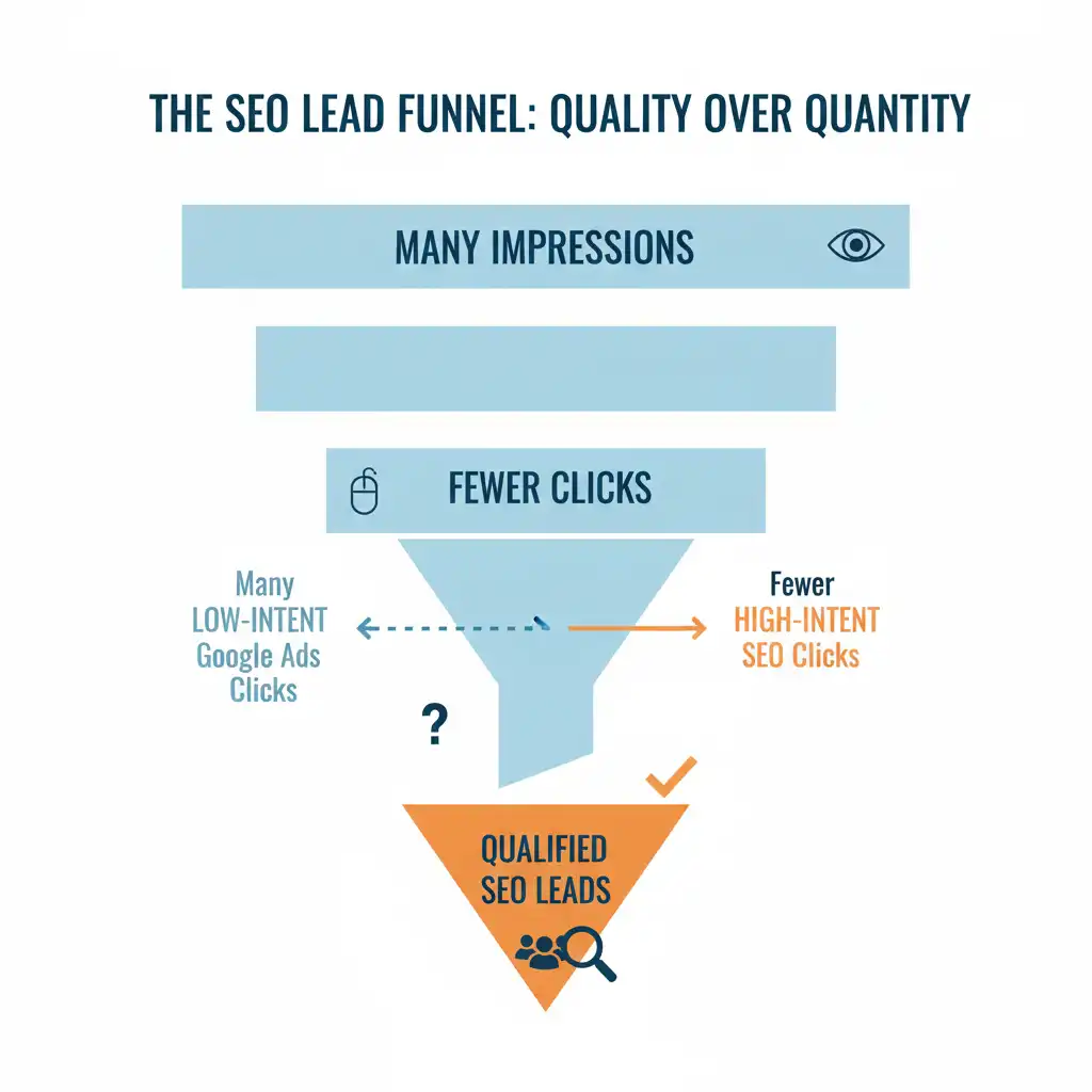 Marketing funnel showing many ad clicks at the top and a small number of qualified leads at the bottom