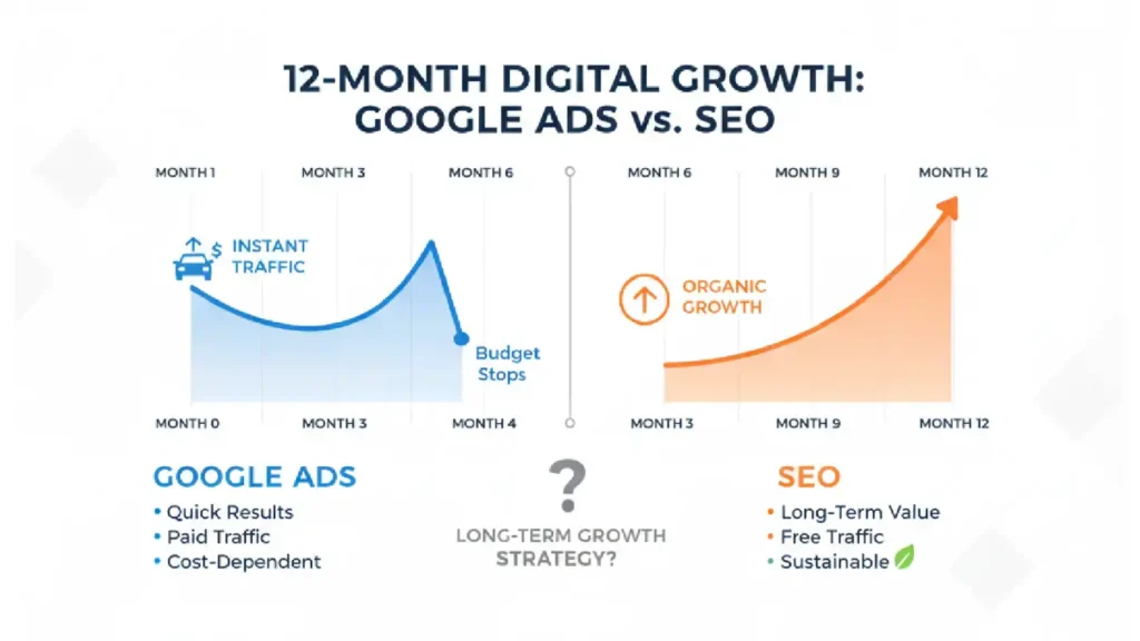 Infographic timeline comparing Google Ads immediate results with SEO gradual growth over twelve months
