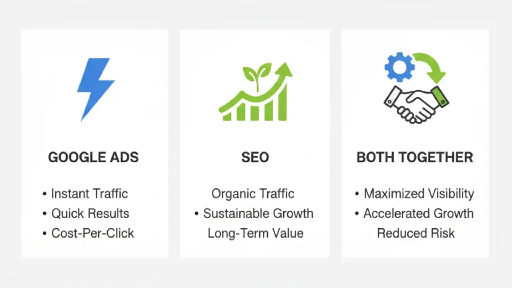 Three-column comparison graphic showing when to use Google Ads, SEO, or both together