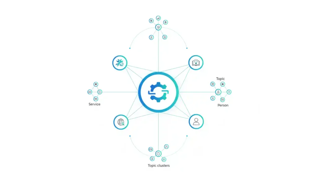 Entity-based SEO illustration showing a central brand node connected to topics, services and people