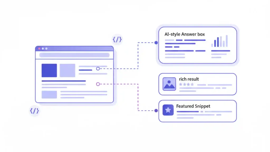 Schema markup illustration showing code snippets connected to search result enhancements and AI panels