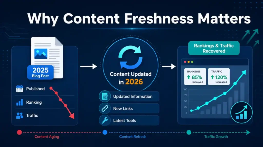 Illustration showing old blog content losing rankings over time while updated content regains traffic and visibility in search results.