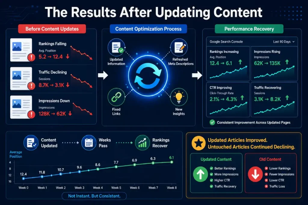 SEO performance recovery infographic showing rankings, impressions, and traffic improving after updating outdated content.