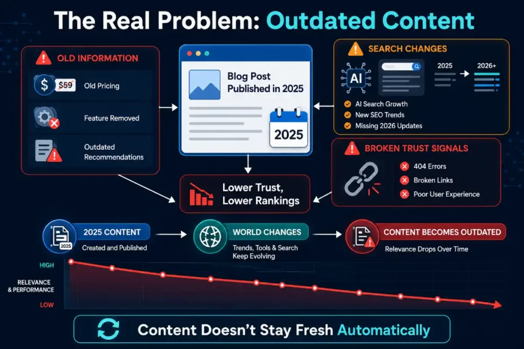Infographic showing how outdated content, broken links, and old SEO recommendations reduce content quality and search performance over time.