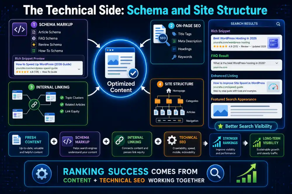 SEO infographic showing how schema markup, on-page SEO, internal linking, and site structure work together to improve search visibility and rankings.