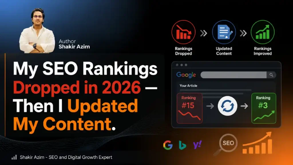 Shakir Azim featured image showing SEO rankings dropped in 2026 and then improved after updating content