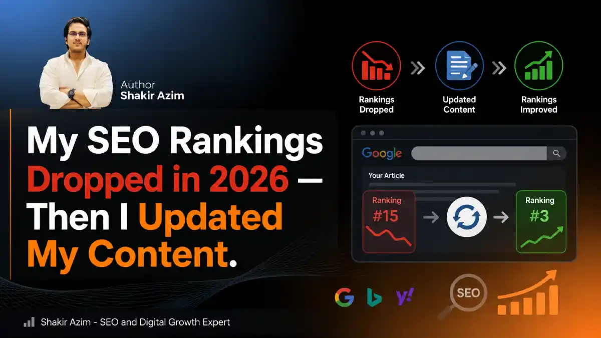 Shakir Azim featured image showing SEO rankings dropped in 2026 and then improved after updating content