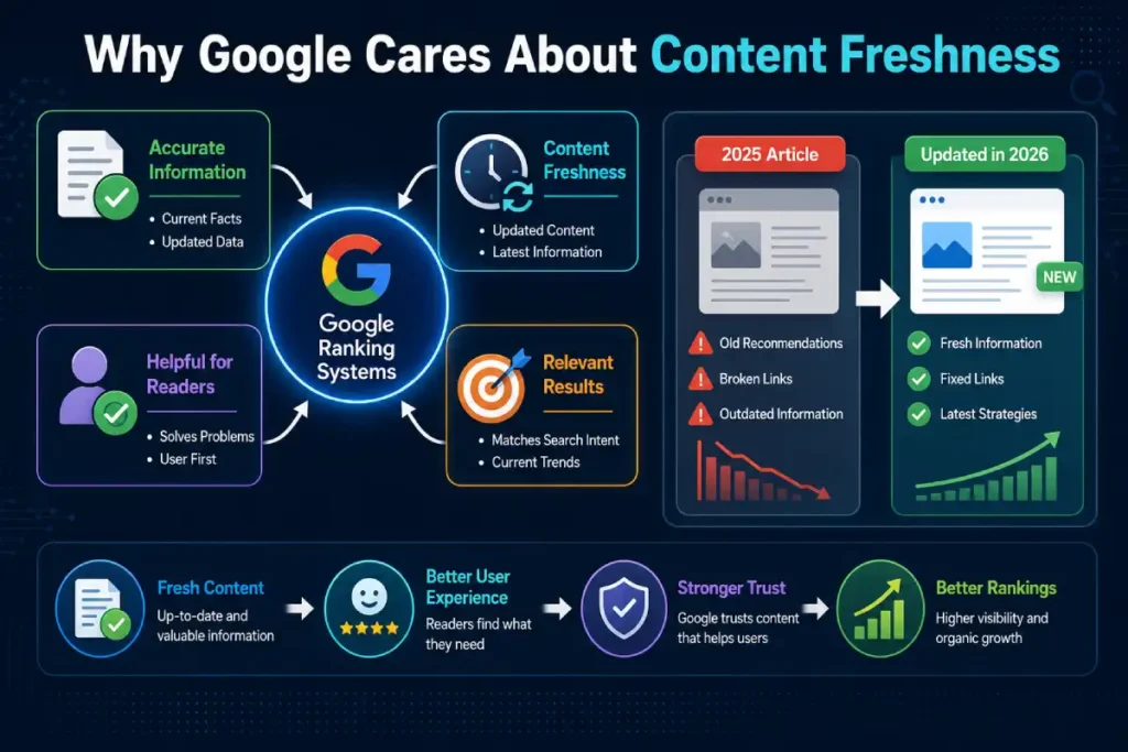 SEO infographic explaining how Google evaluates content freshness, relevance, accuracy, and usefulness when ranking pages.